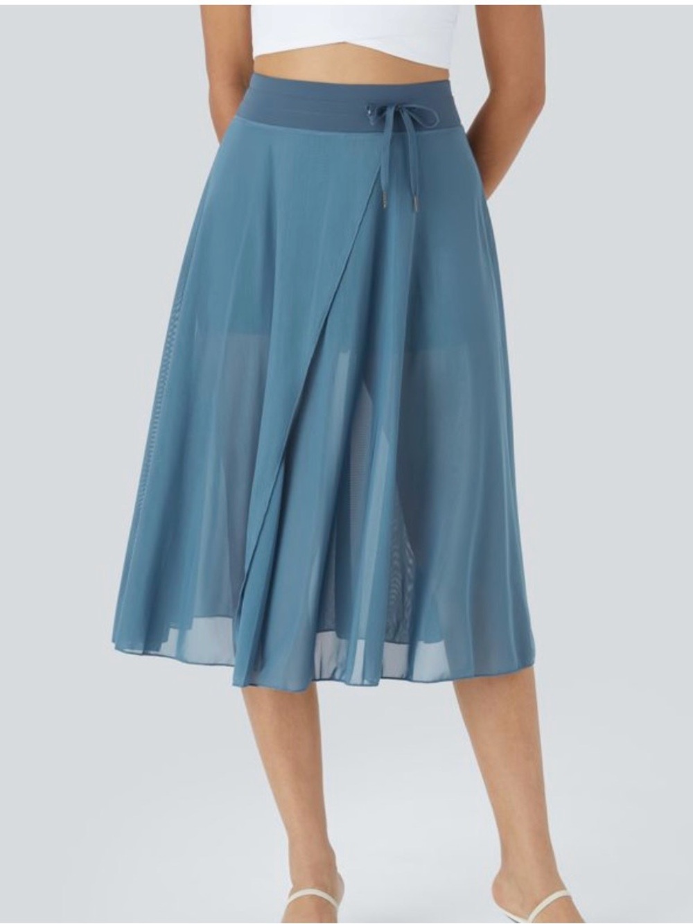Halara High Waisted Drawstring Contrast Mesh 2-in-1 Pocket Flowy Midi Skirt Blue